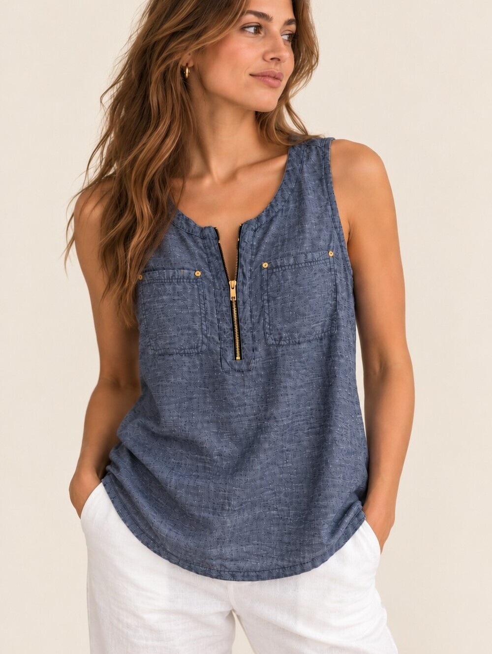 Ellen Tracy 100% Linen Chambray Blue Sleeveless Zip-Front Tank